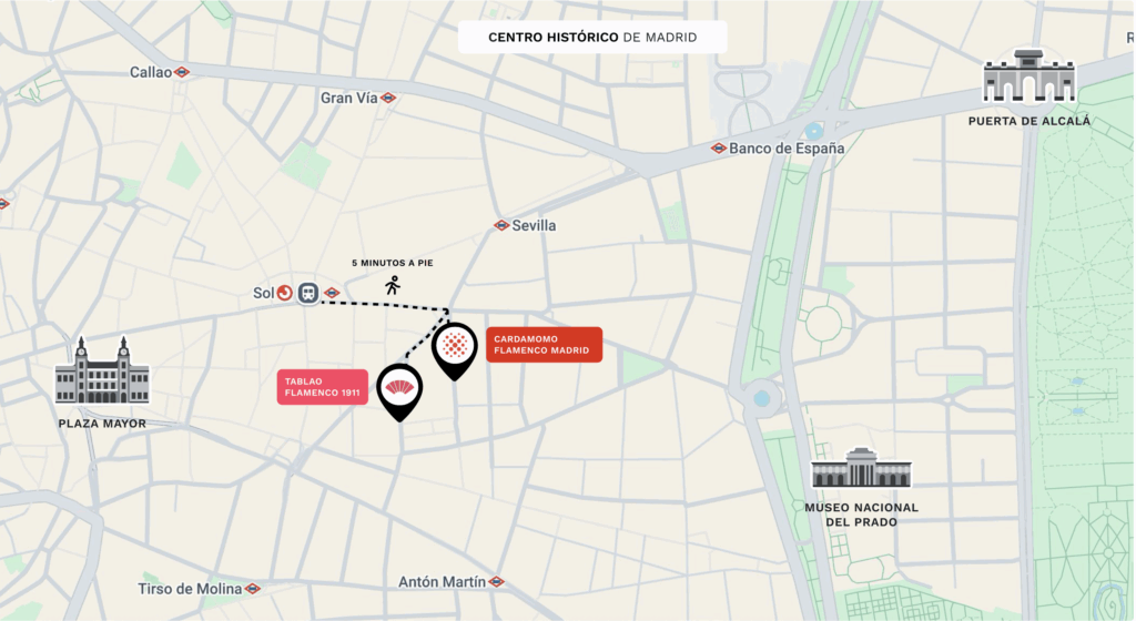 Plano del Centro de Madrid con Cardamomo. Ubicación excelente para grupos y eventos 